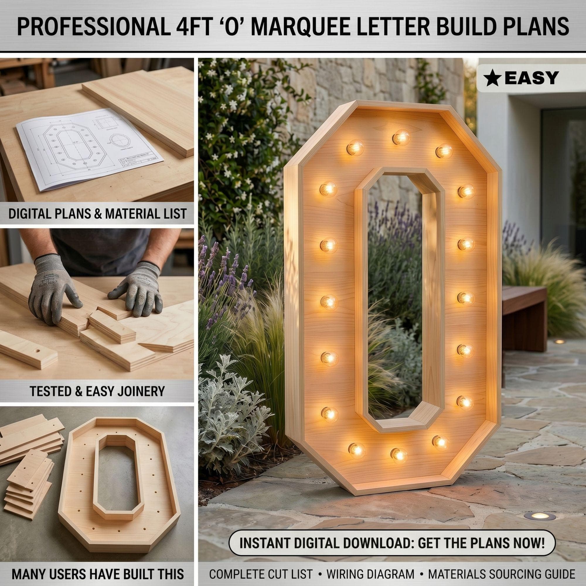 4ft Marquee Letter '0' Template PDF | Diy Giant Light Up Letter Svg, Dxf, Pdf Blueprint - view 4