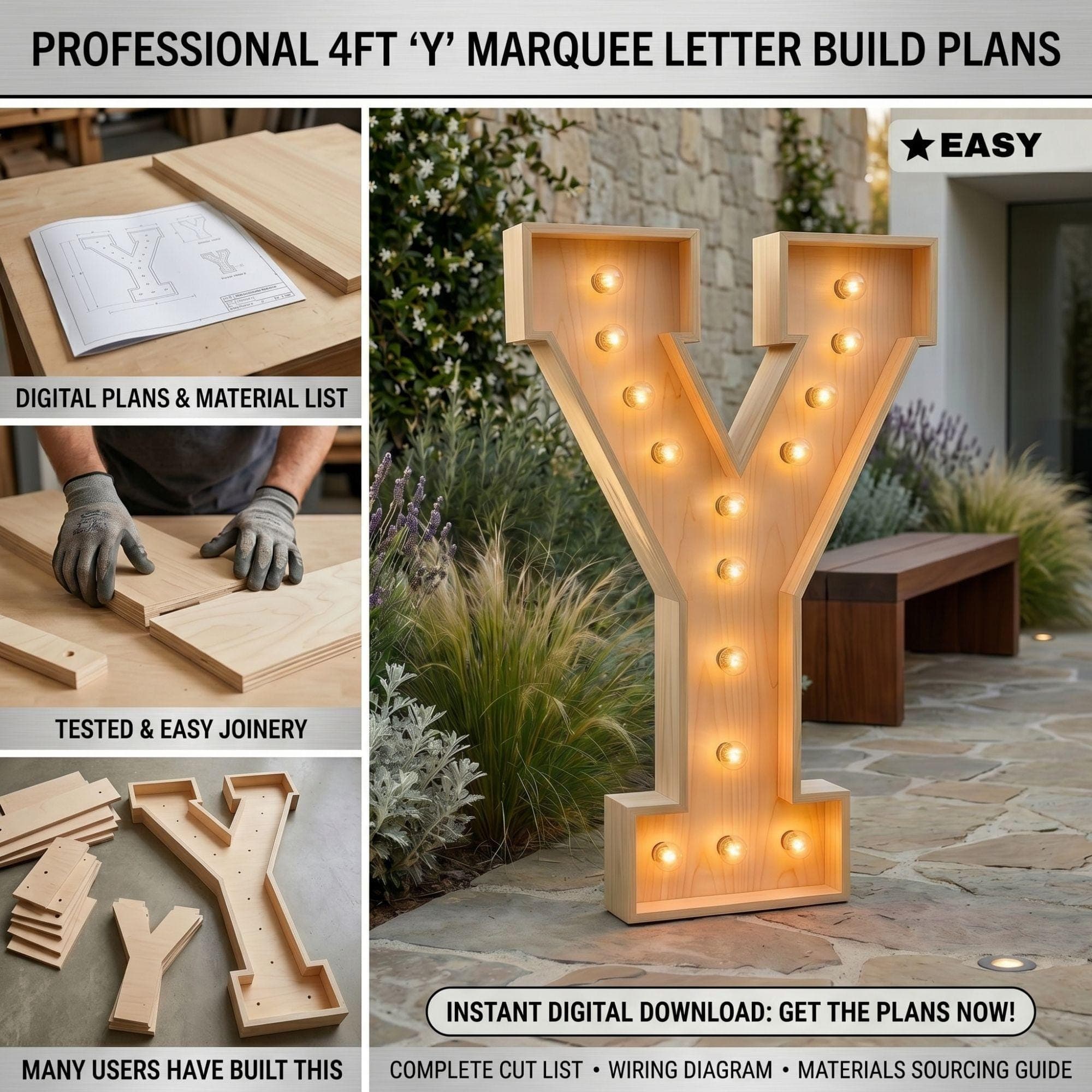 4ft Marquee Letter Y Template PDF | Diy Giant Light Up Letter Svg, Dxf, Pdf Blueprint - view 3