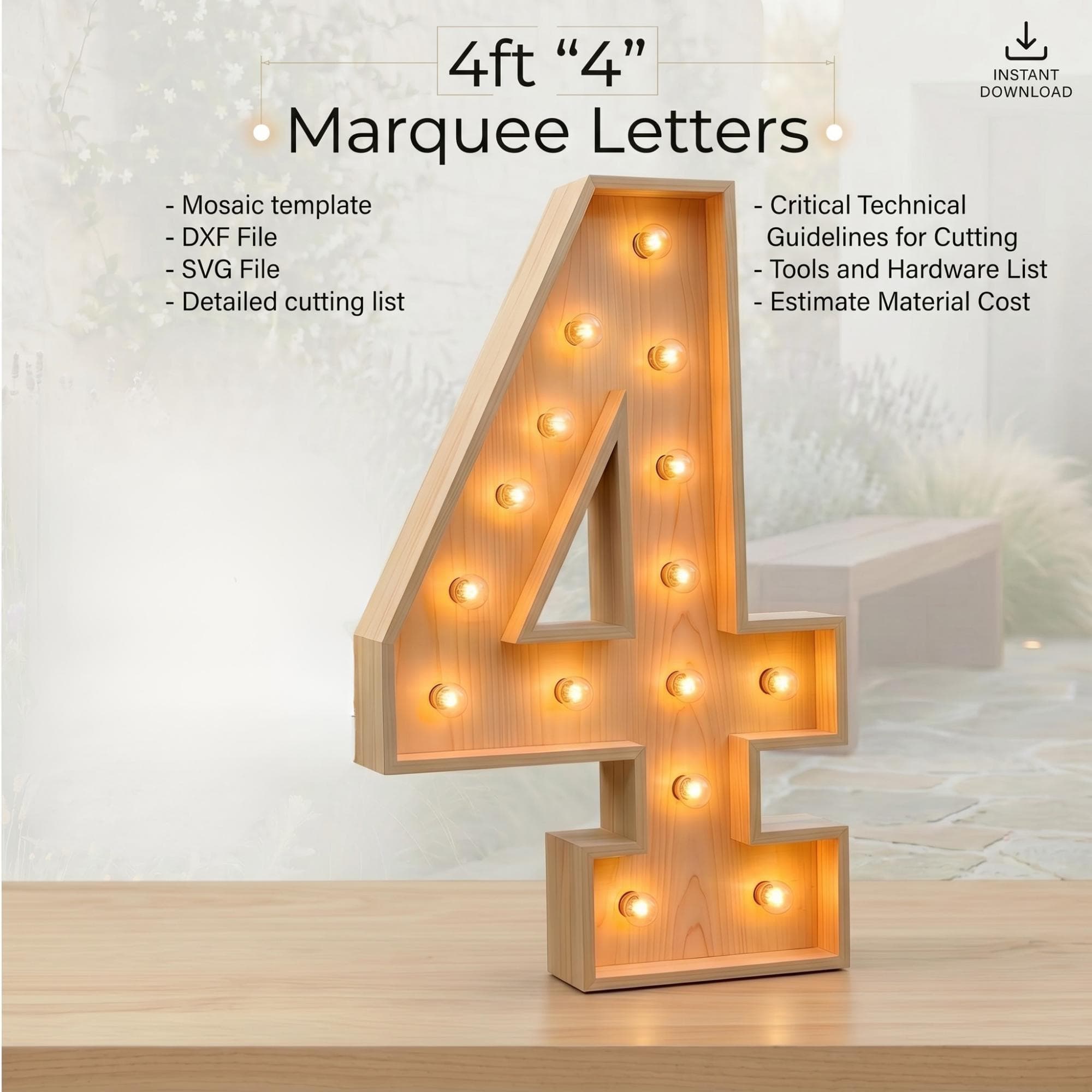 4ft Marquee Letter '4' Template PDF | Diy Giant Light Up Letter Svg, Dxf, Pdf Blueprint - view 2