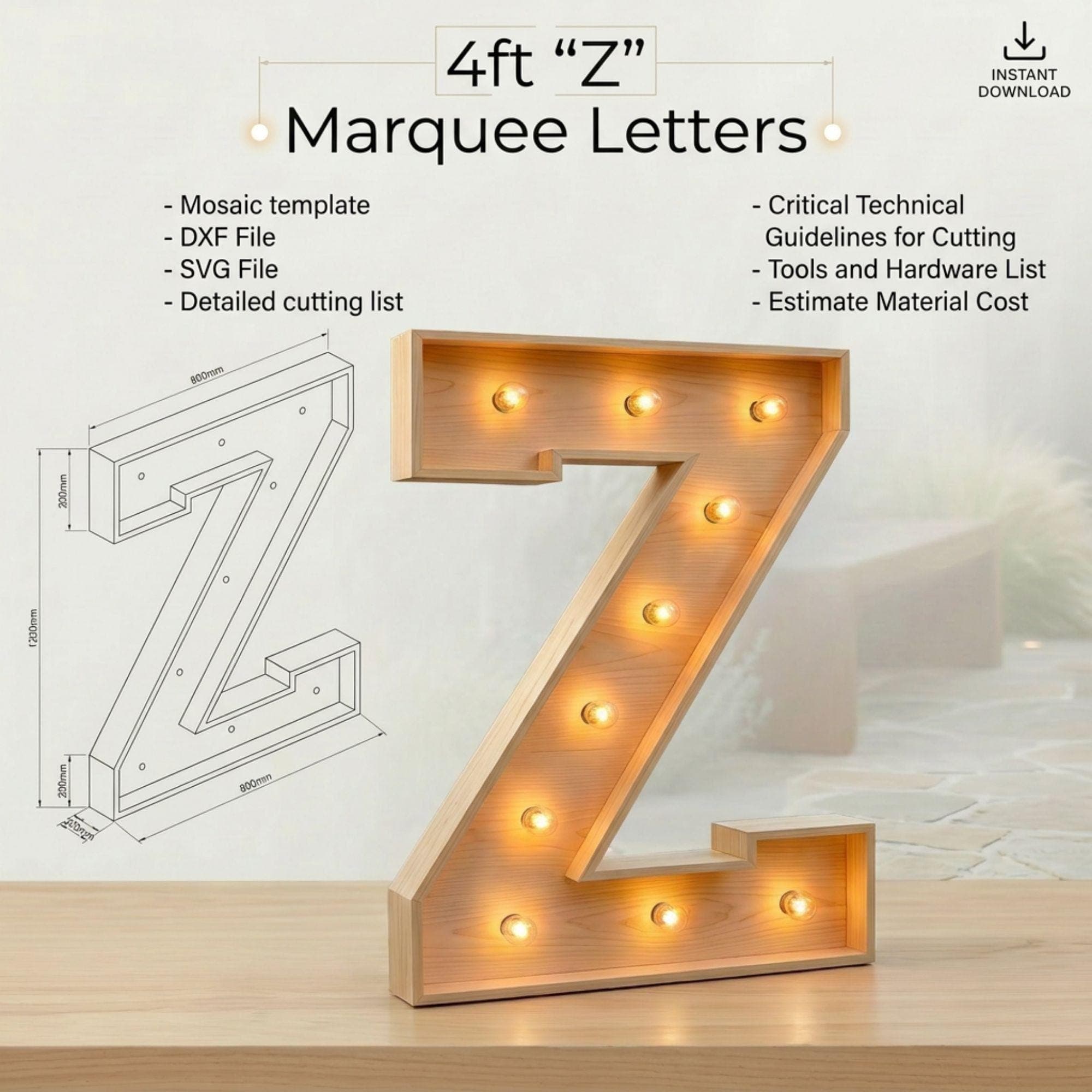 4ft Marquee Letter Z Template PDF | Diy Giant Light Up Letter Svg, Dxf, Pdf Blueprint - view 2