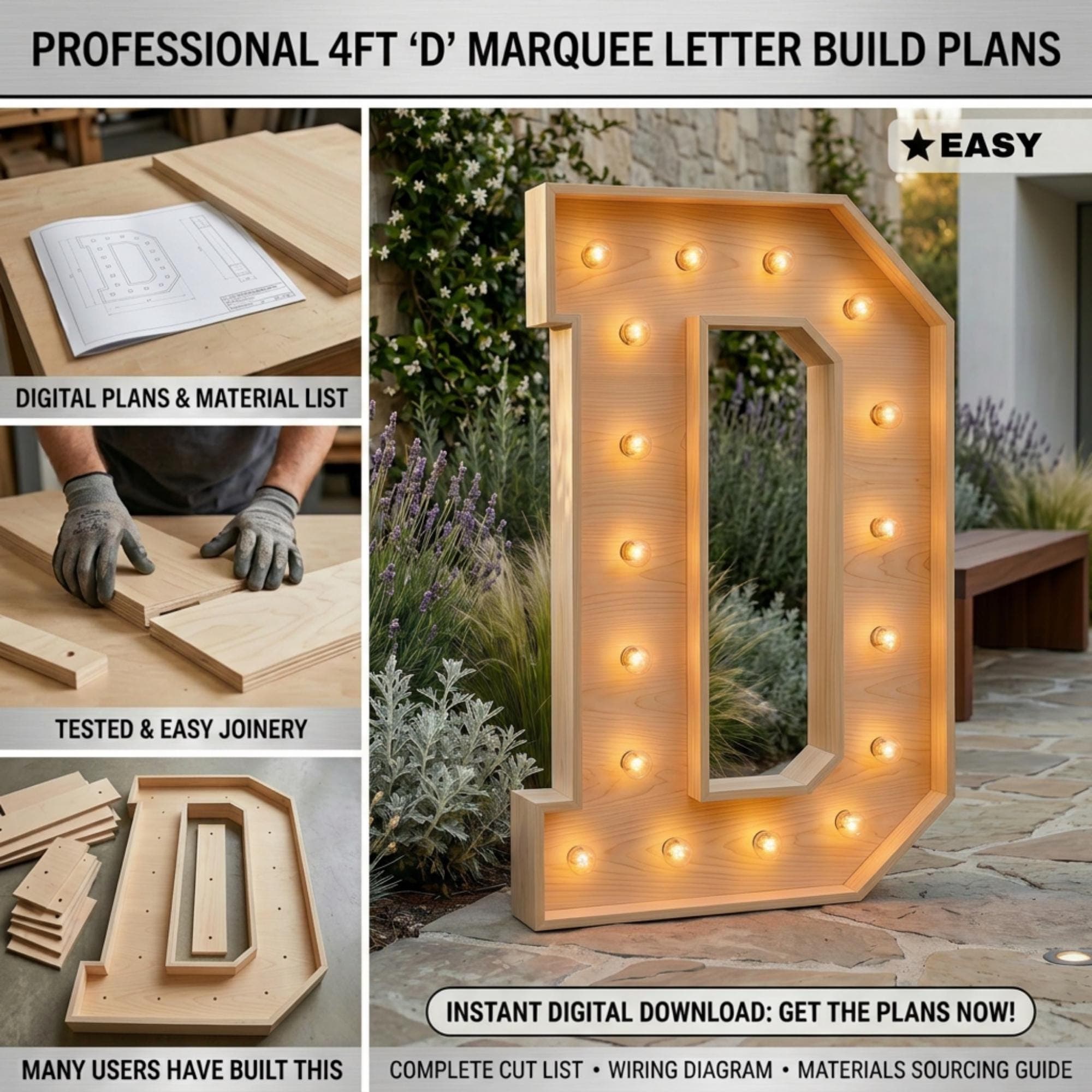 4ft Marquee Letter D Template PDF | Diy Giant Light Up Letter Svg, Dxf, Pdf Blueprint - view 2
