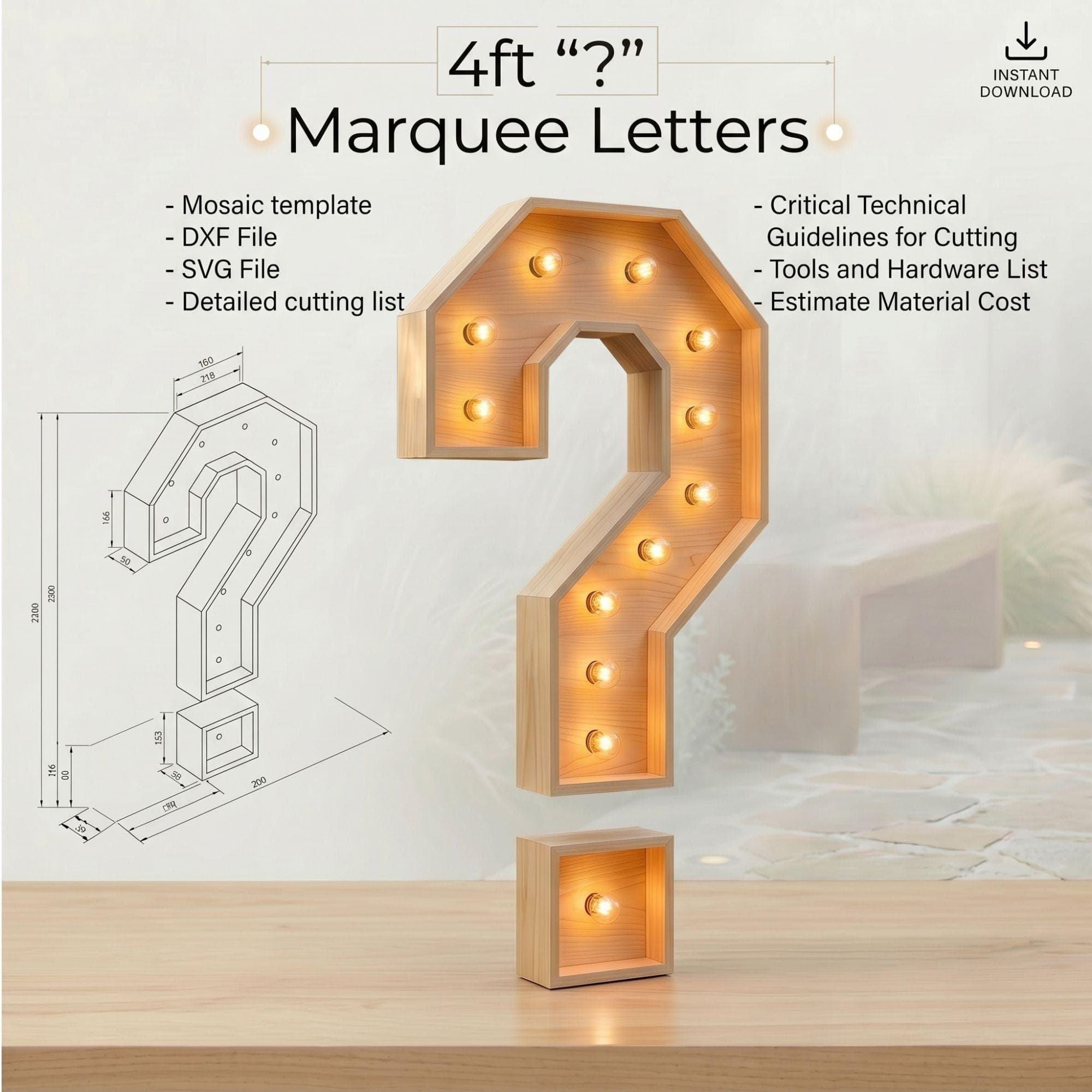 4ft Marquee Letter '?' Template PDF | Diy Giant Light Up Letter Svg, Dxf, Pdf Blueprint - view 3