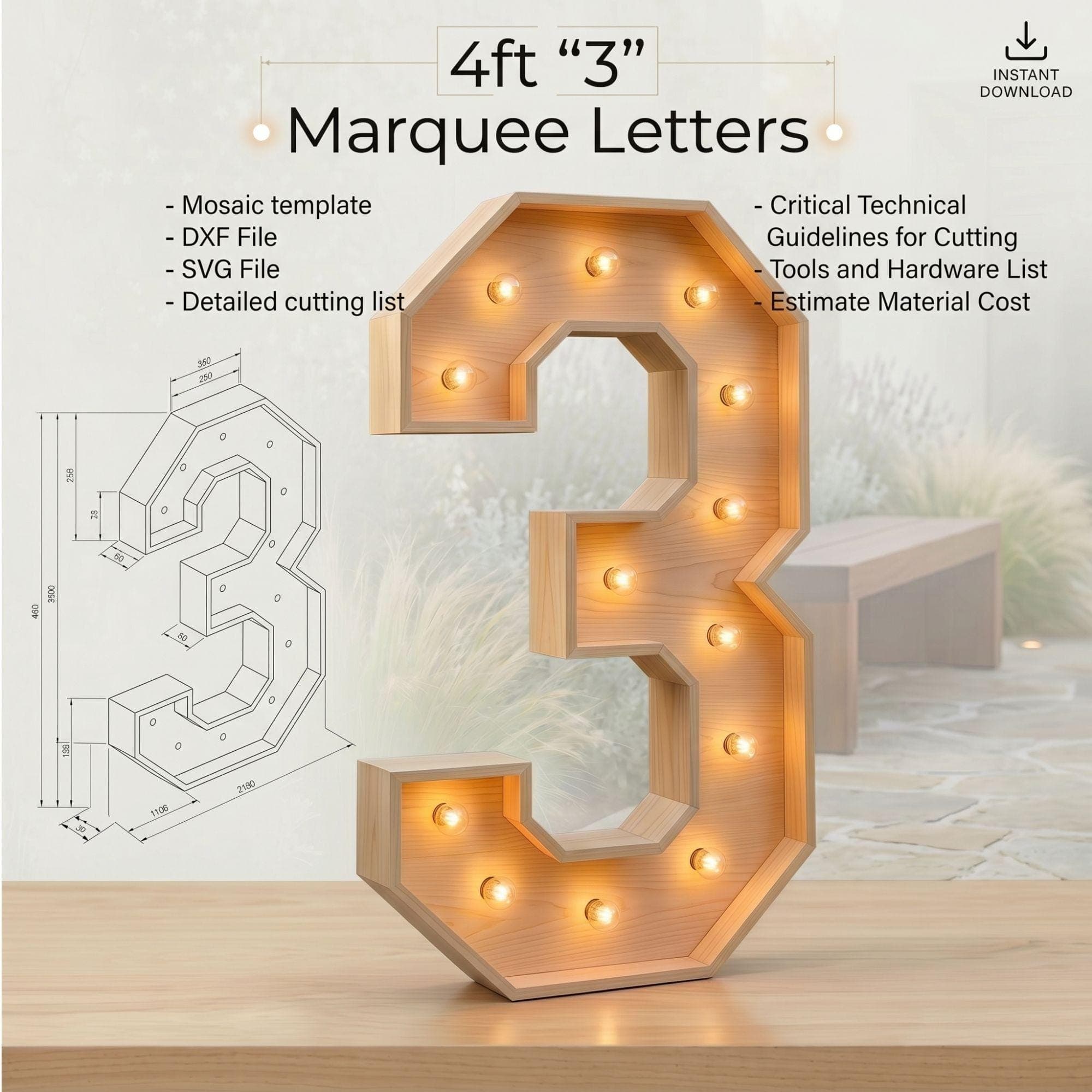 4ft Marquee Letter '3' Template PDF | Diy Giant Light Up Letter Svg, Dxf, Pdf Blueprint - view 2