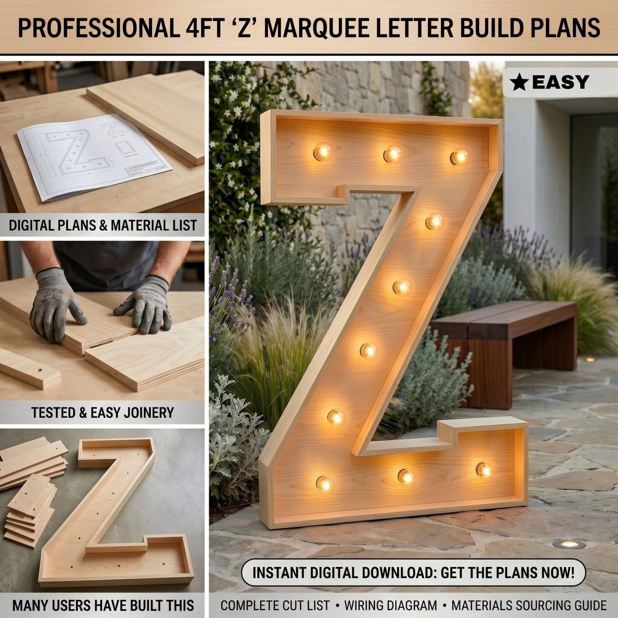 4ft Marquee Letter Z Template PDF | Diy Giant Light Up Letter Svg, Dxf, Pdf Blueprint - view 3