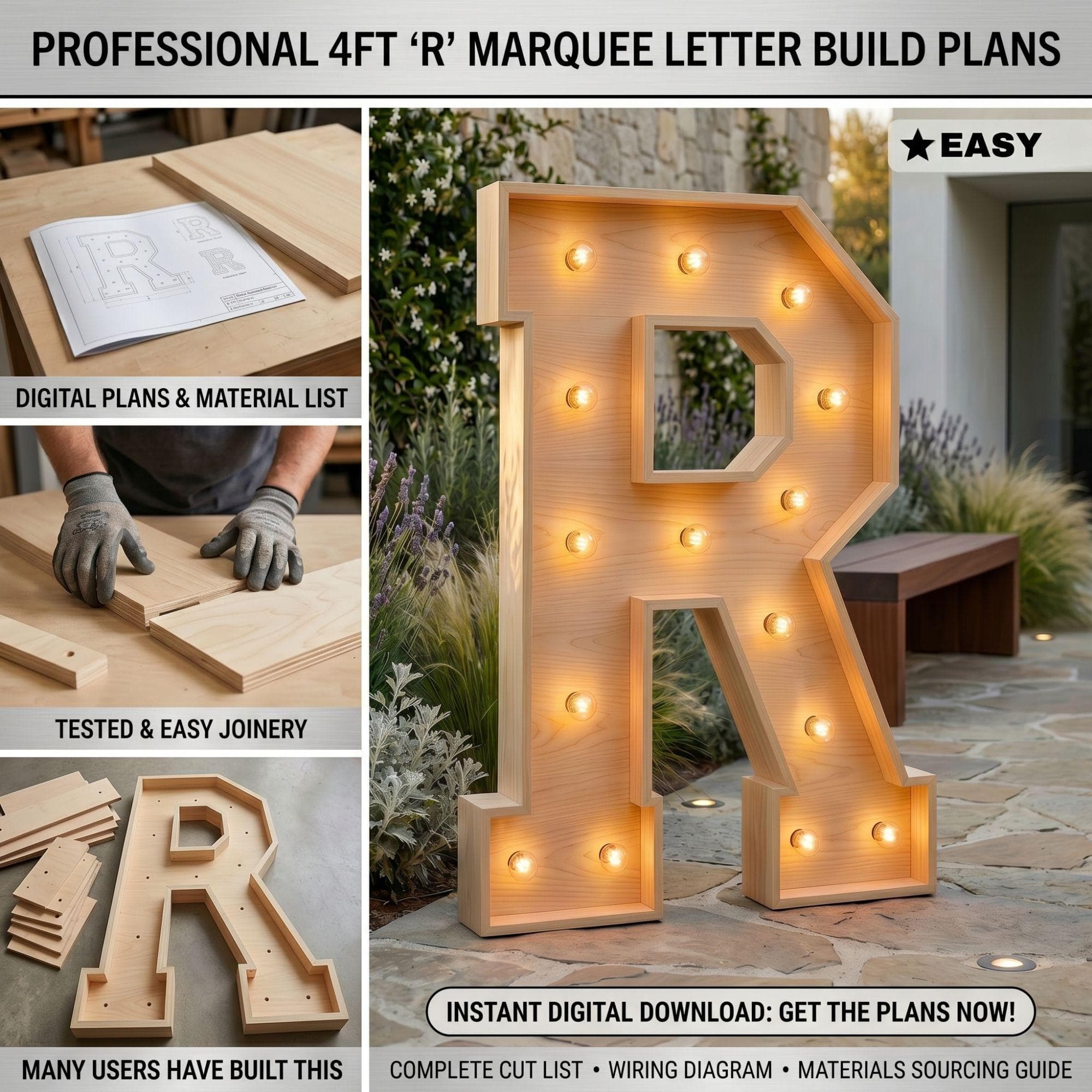 4ft Marquee Letter R Template PDF | Diy Giant Light Up Letter Svg, Dxf, Pdf Blueprint - view 3
