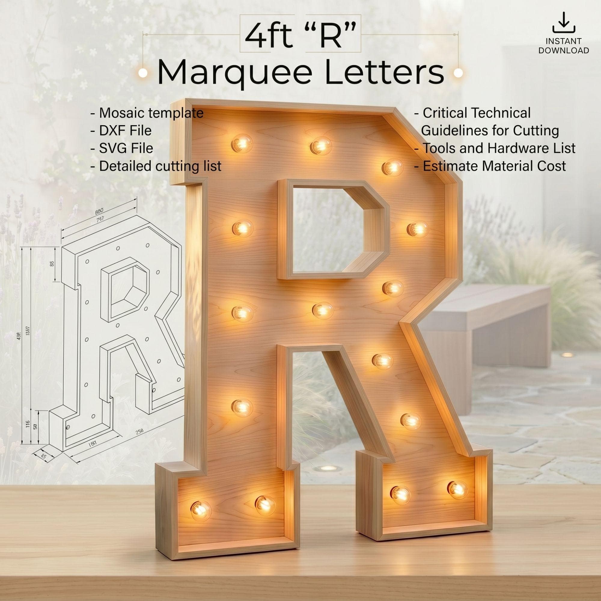 4ft Marquee Letter R Template PDF | Diy Giant Light Up Letter Svg, Dxf, Pdf Blueprint - view 2
