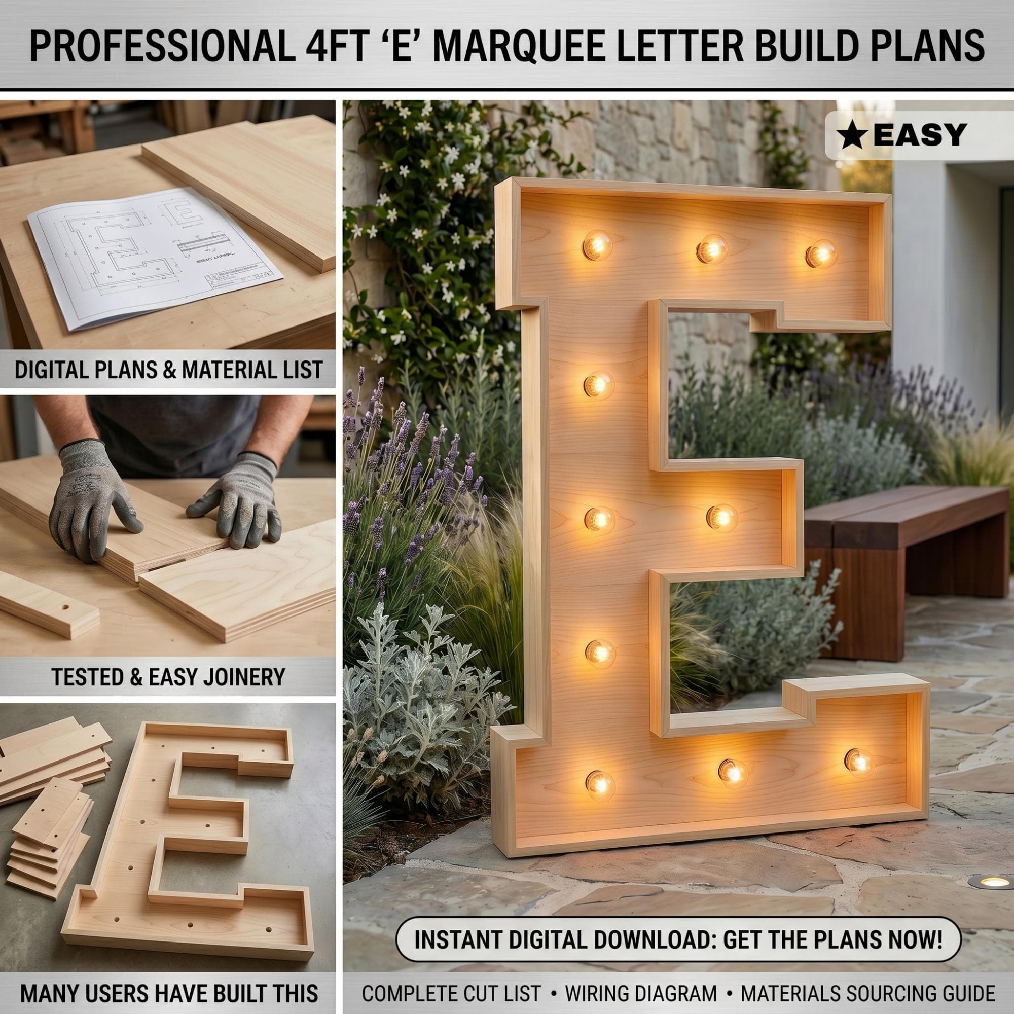 4ft Marquee Letter E Template PDF | Diy Giant Light Up Letter Svg, Dxf, Pdf Blueprint - view 2