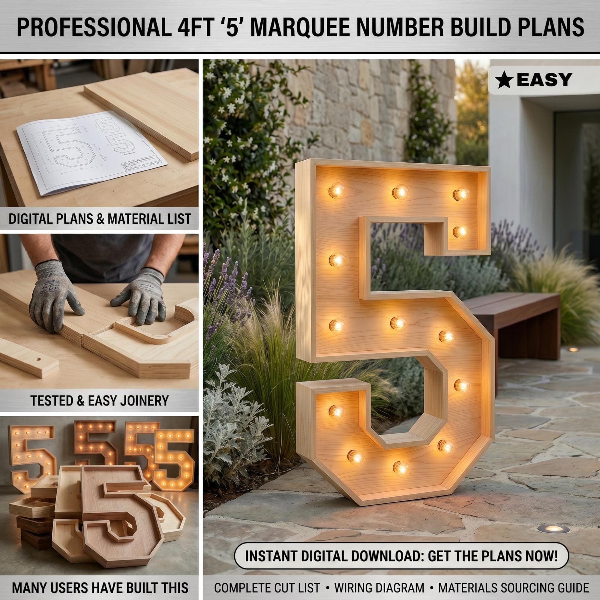 4ft Marquee Letter '5' Template PDF | Diy Giant Light Up Letter Svg, Dxf, Pdf Blueprint - view 3