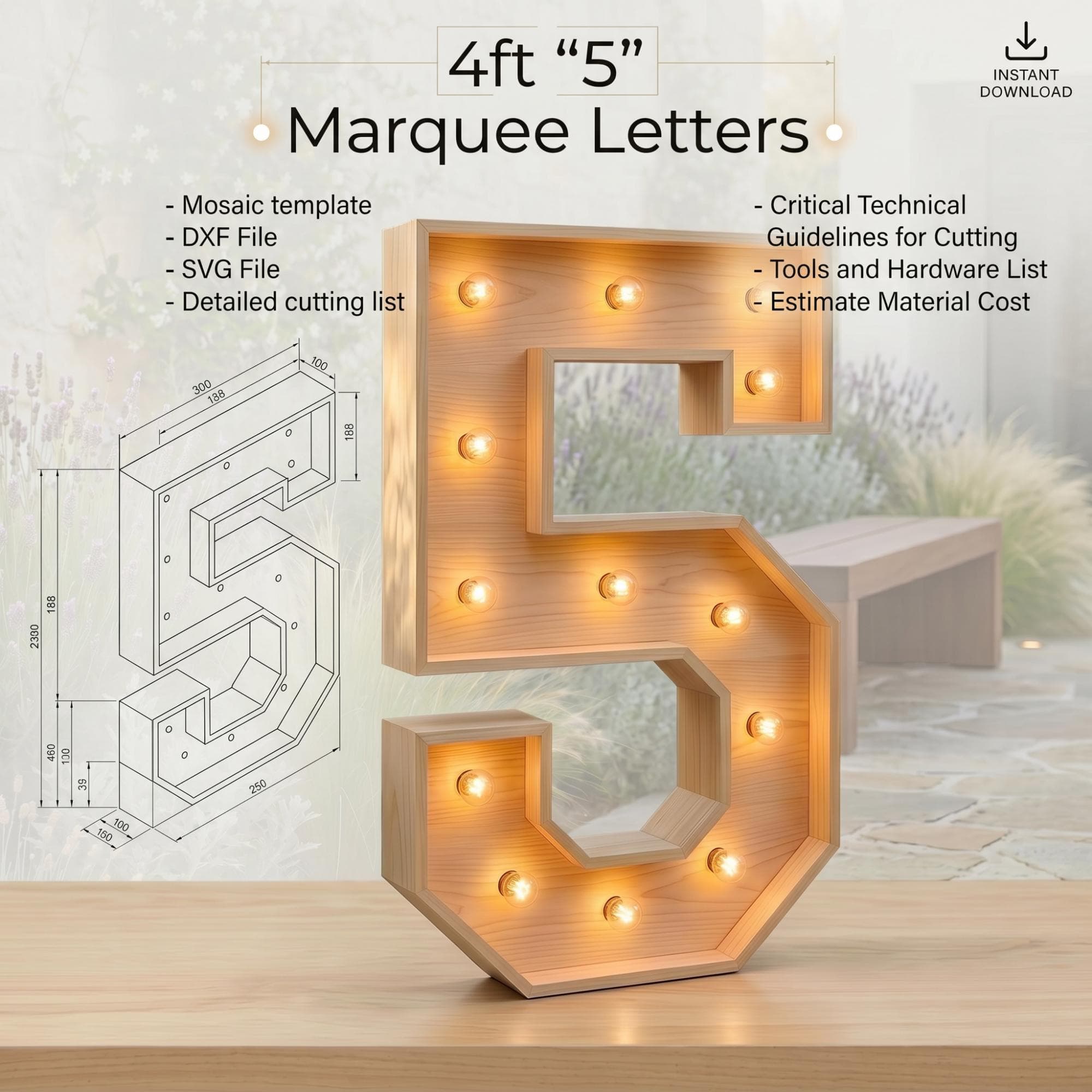 4ft Marquee Letter '5' Template PDF | Diy Giant Light Up Letter Svg, Dxf, Pdf Blueprint - view 2