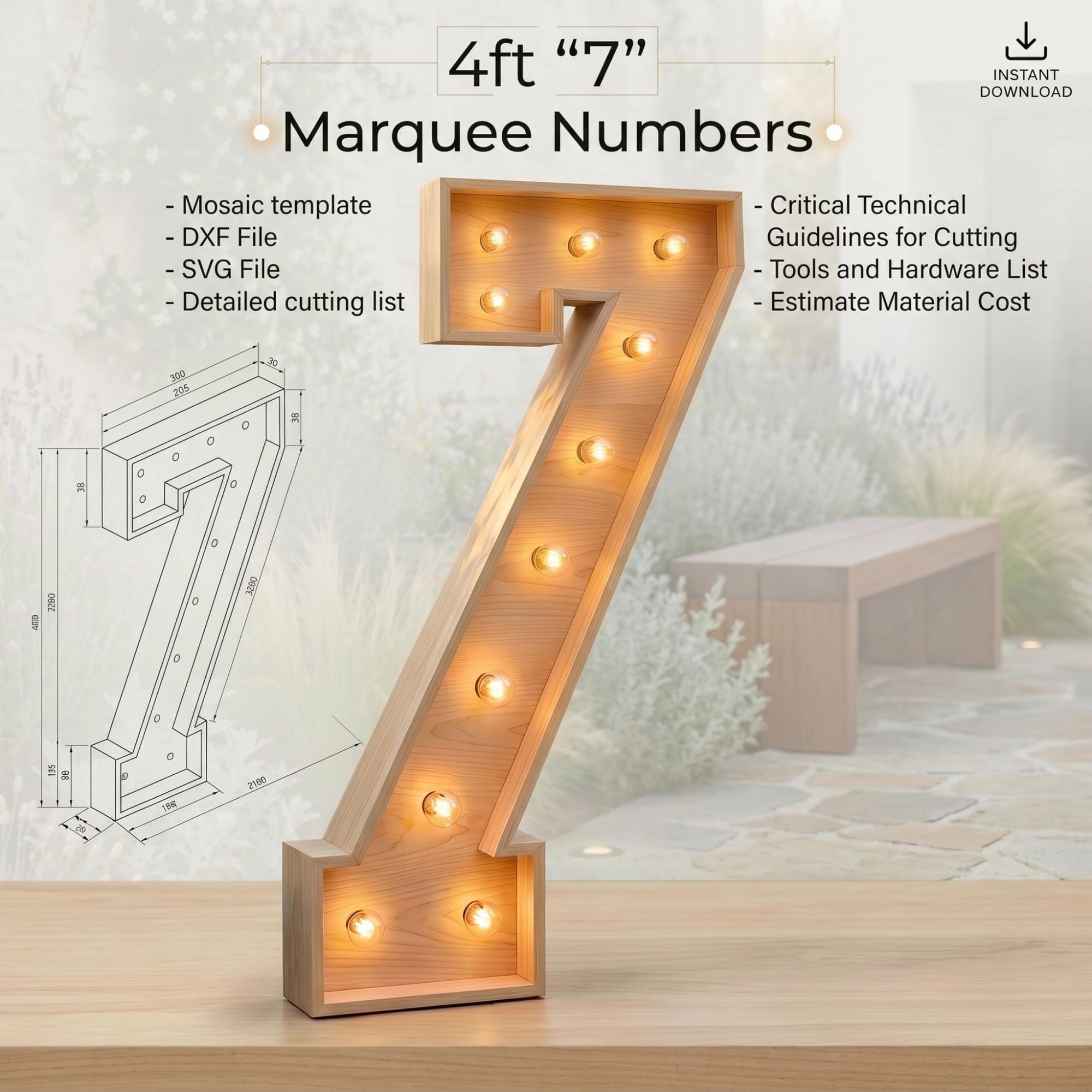 4ft Marquee Letter '7' Template PDF | Diy Giant Light Up Letter Svg, Dxf, Pdf Blueprint - view 2