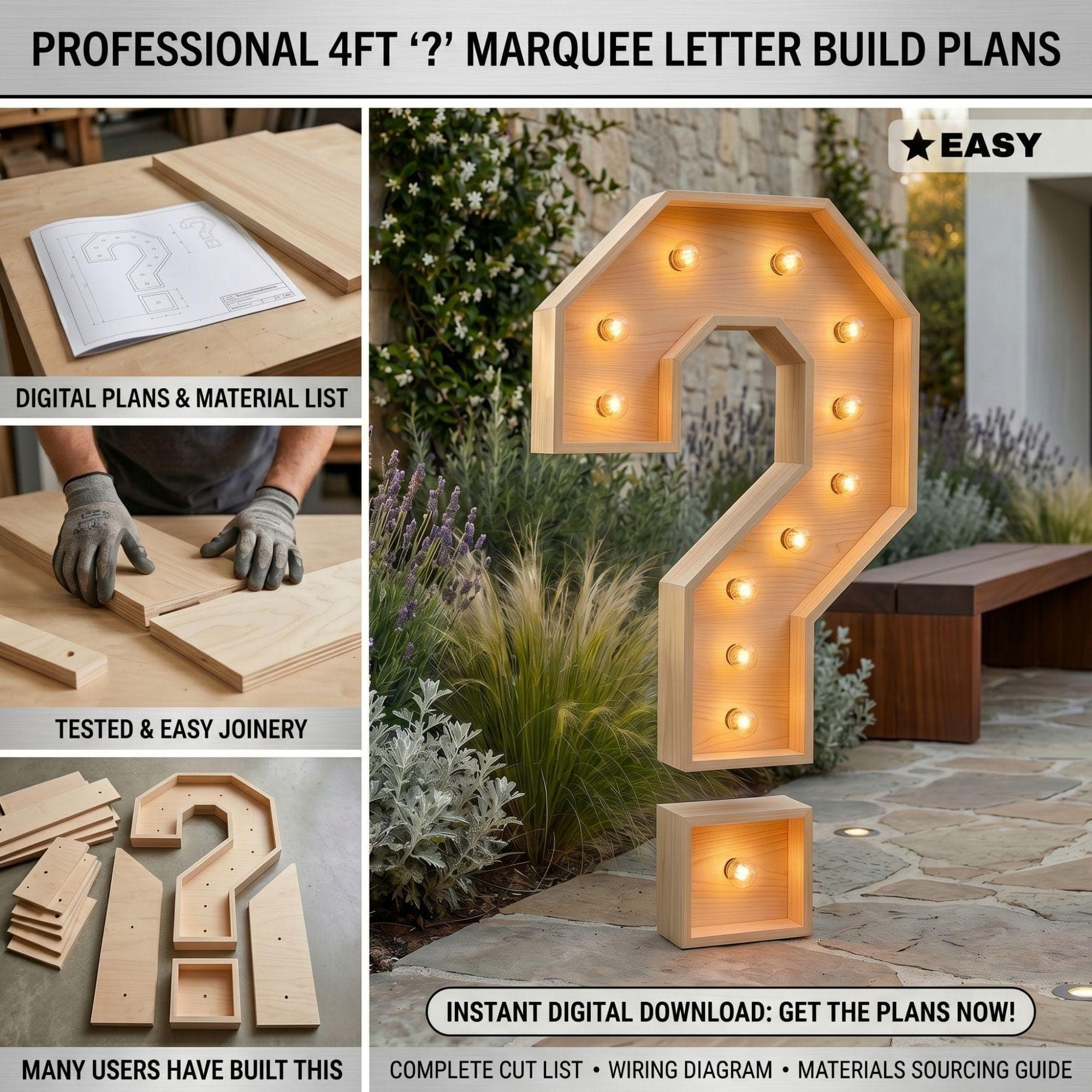 4ft Marquee Letter '?' Template PDF | Diy Giant Light Up Letter Svg, Dxf, Pdf Blueprint - view 4