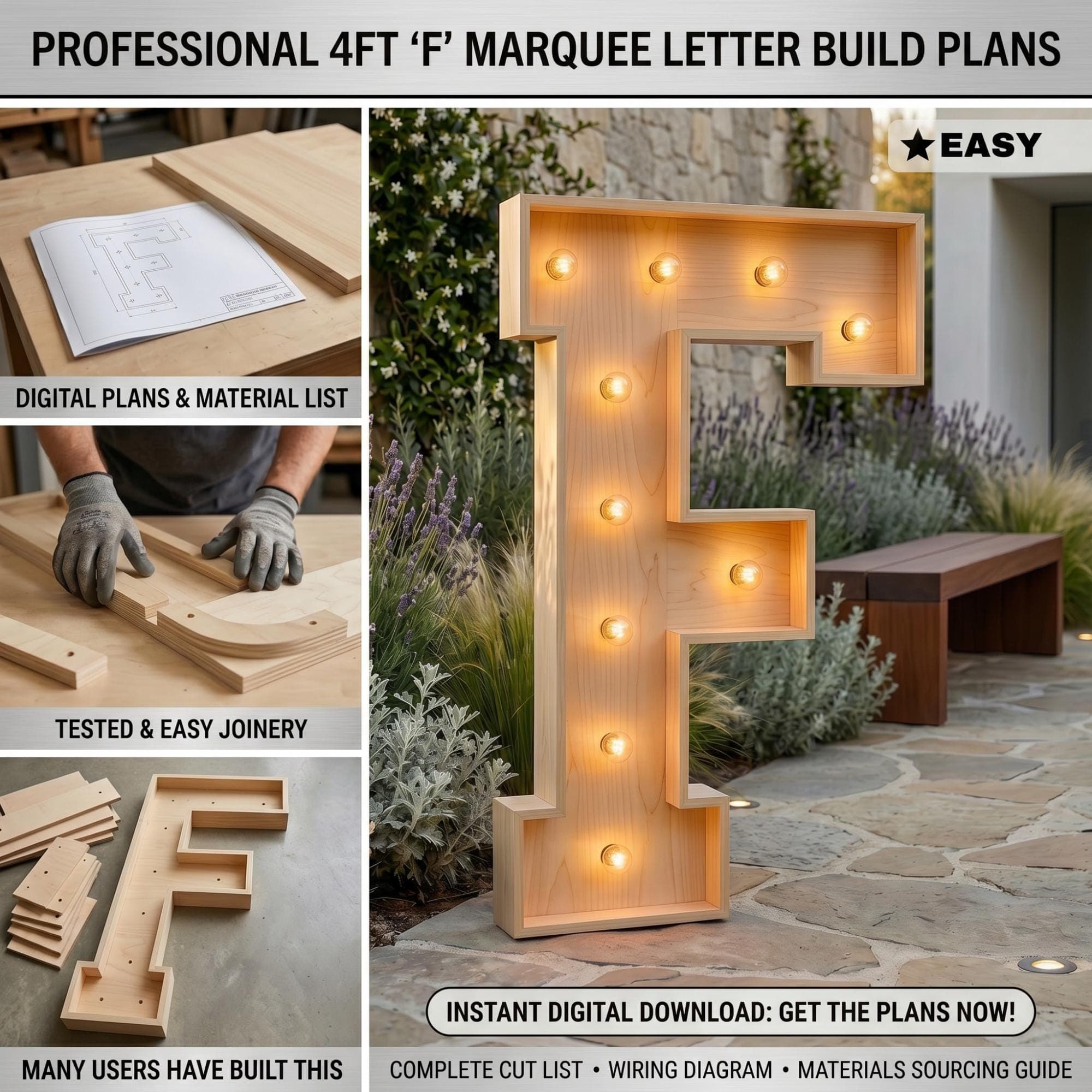 4ft Marquee Letter F Template PDF | Diy Giant Light Up Letter Svg, Dxf, Pdf Blueprint - view 2