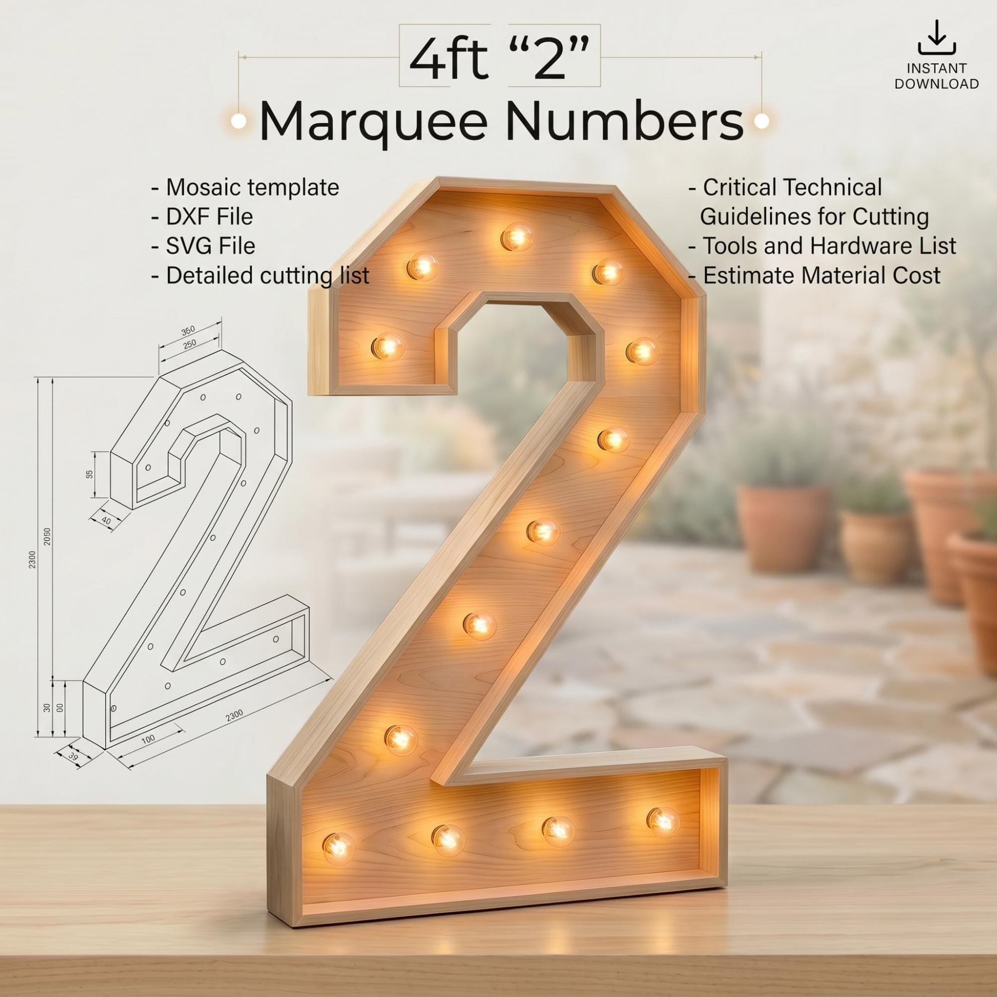 4ft Marquee Letter '2' Template PDF | Diy Giant Light Up Letter Svg, Dxf, Pdf Blueprint - view 2