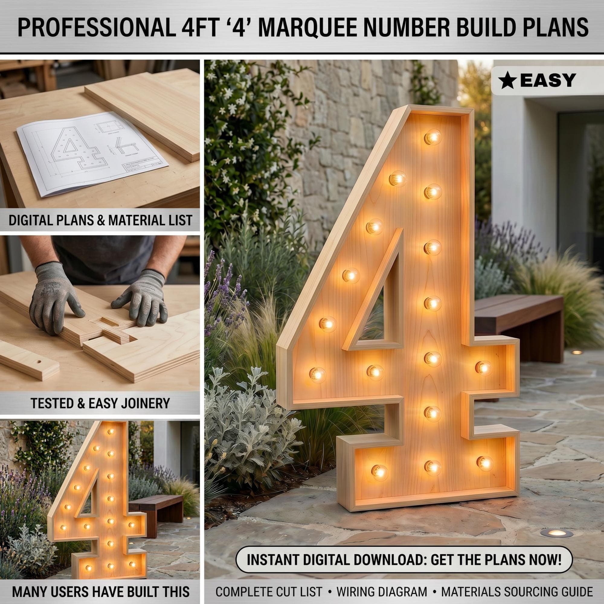 4ft Marquee Letter '4' Template PDF | Diy Giant Light Up Letter Svg, Dxf, Pdf Blueprint - view 3