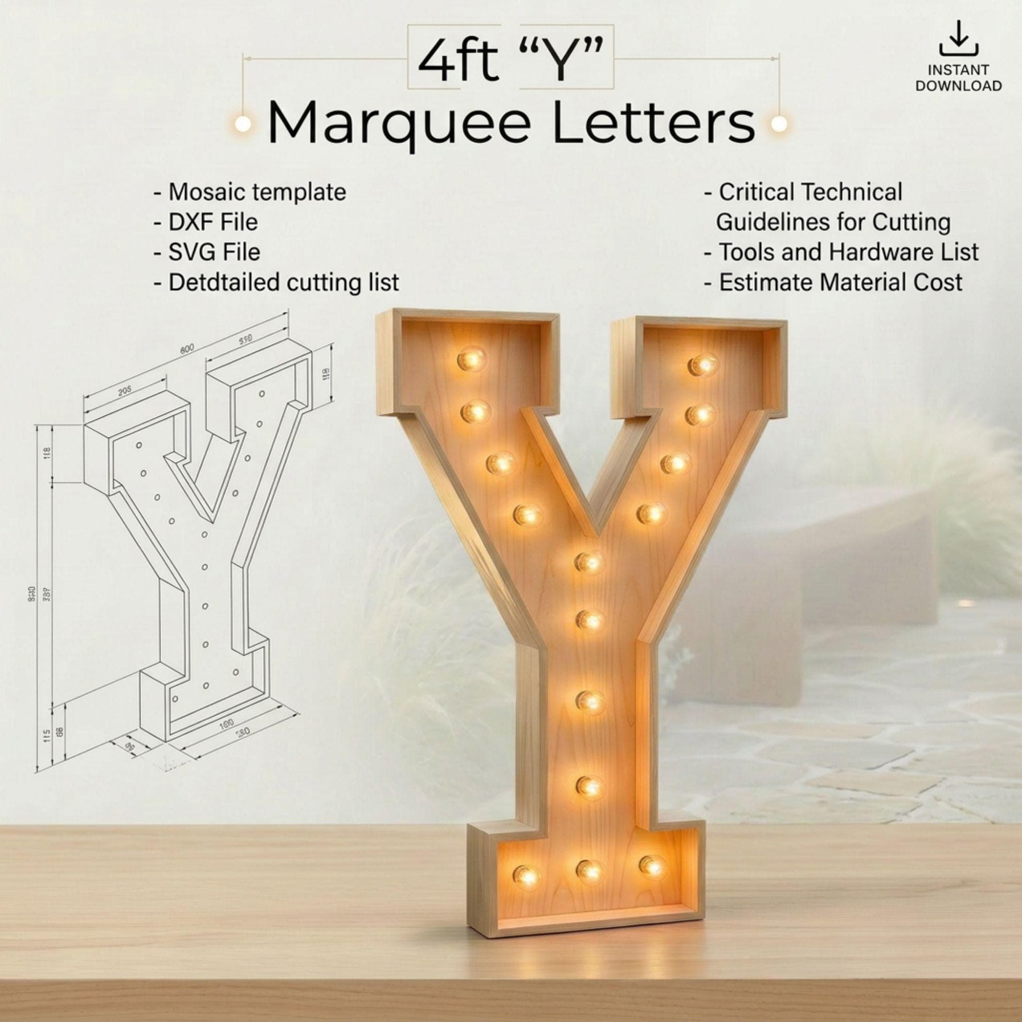 4ft Marquee Letter Y Template PDF | Diy Giant Light Up Letter Svg, Dxf, Pdf Blueprint - view 2