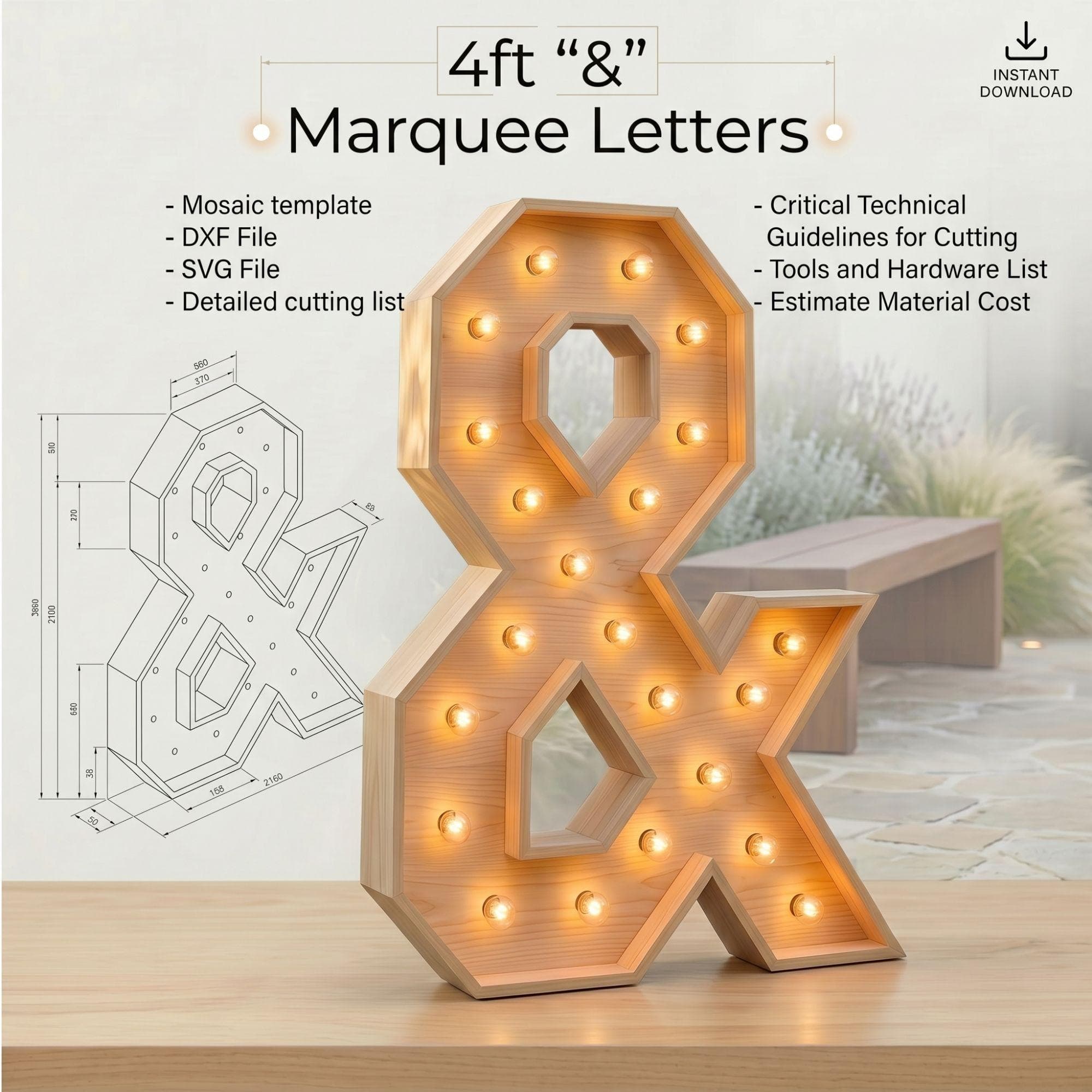 4ft Marquee Letter & Template PDF | Diy Giant Light Up Letter Svg, Dxf, Pdf Blueprint - view 3
