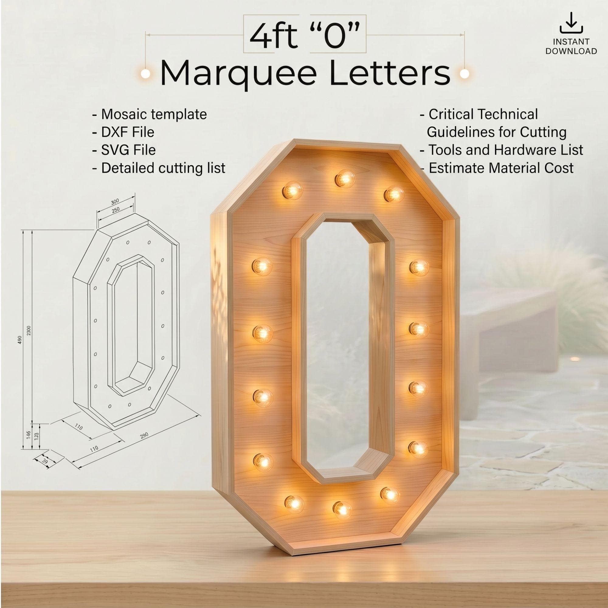 4ft Marquee Letter '0' Template PDF | Diy Giant Light Up Letter Svg, Dxf, Pdf Blueprint - view 3